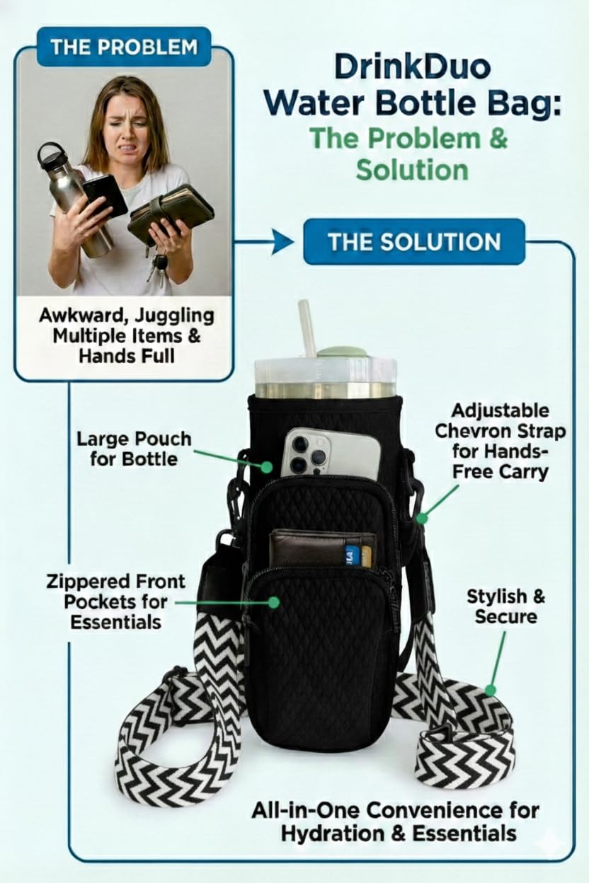 DrinkDuo Universal 40oz Water Bottle Carrier Bag - 3D Embossed Neoprene Insulated Sleeve with Phone Pocket, Adjustable Crossbody Shoulder Strap & Hand Strap - Fits Hydro Flask, Stanley & More