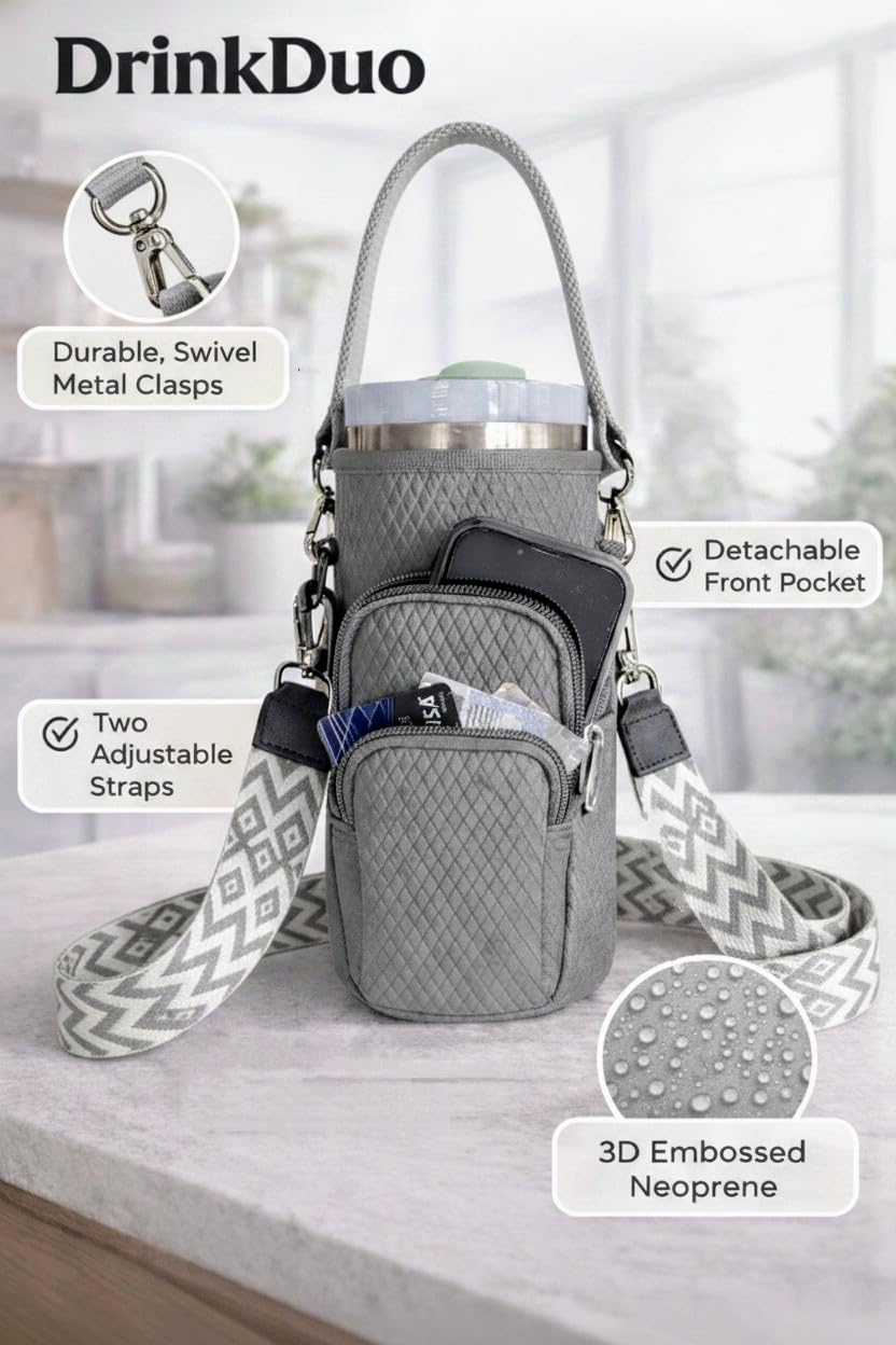 DrinkDuo Universal 40oz Water Bottle Carrier Bag - 3D Embossed Neoprene Insulated Sleeve with Phone Pocket, Adjustable Crossbody Shoulder Strap & Hand Strap - Fits Hydro Flask, Stanley & More
