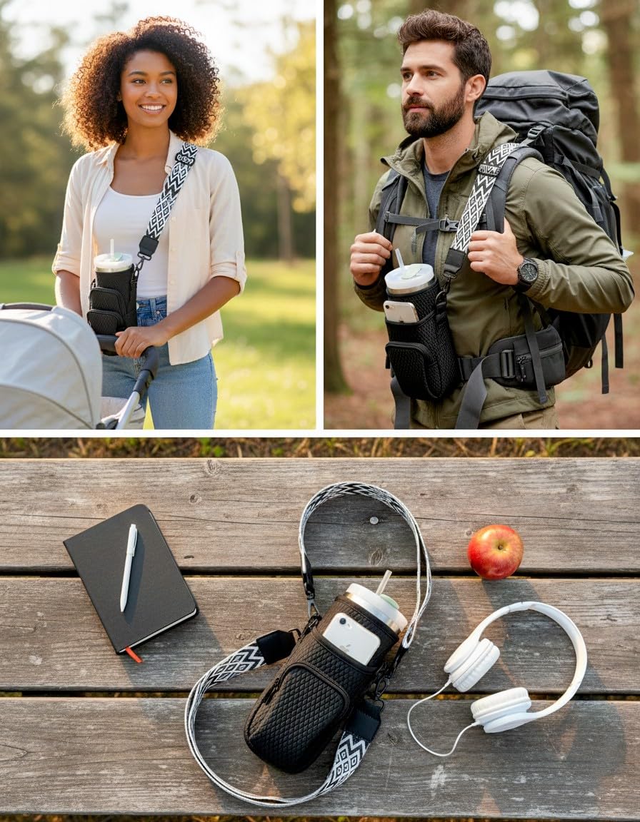DrinkDuo Universal 40oz Water Bottle Carrier Bag - 3D Embossed Neoprene Insulated Sleeve with Phone Pocket, Adjustable Crossbody Shoulder Strap & Hand Strap - Fits Hydro Flask, Stanley & More