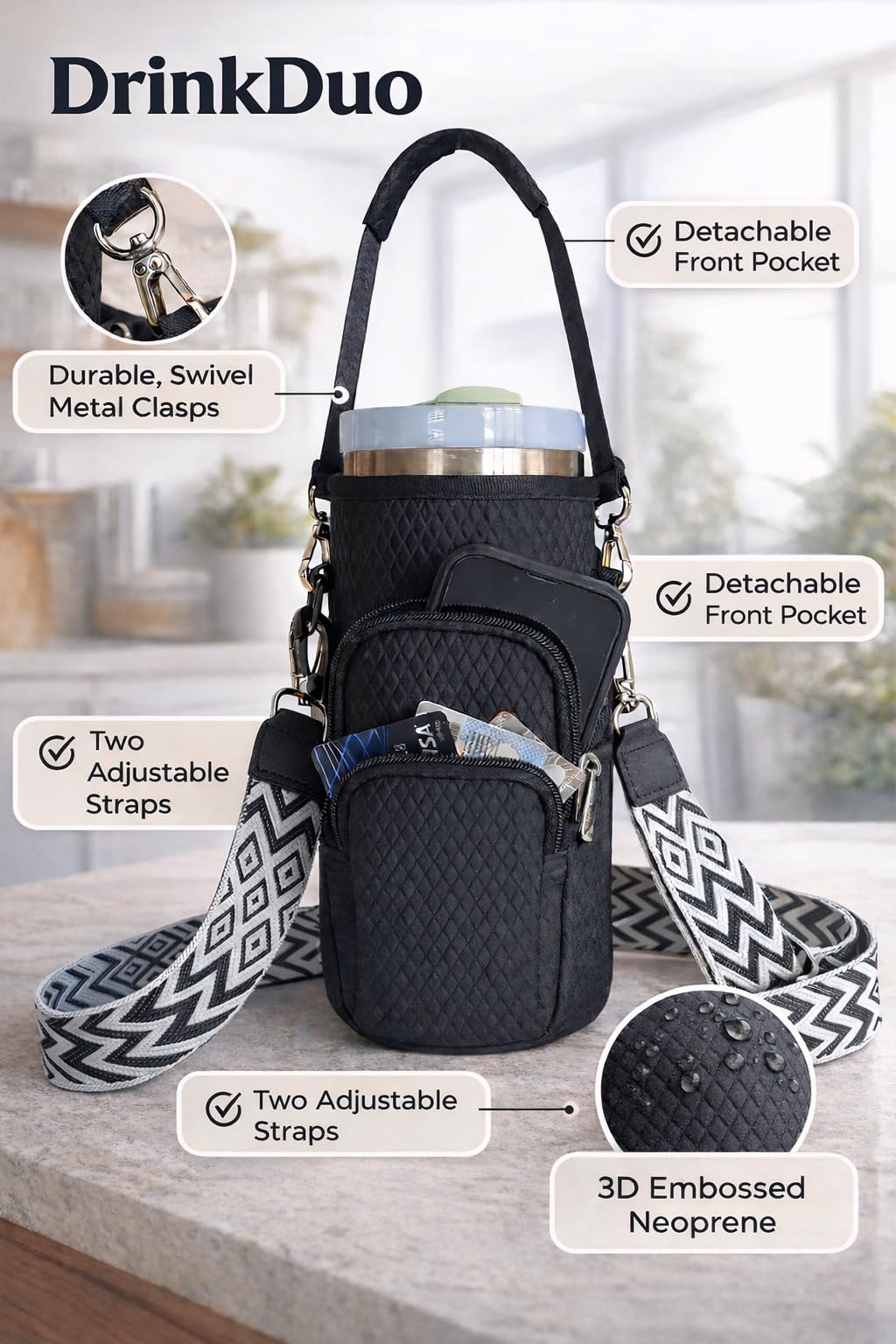 DrinkDuo Universal 40oz Water Bottle Carrier Bag - 3D Embossed Neoprene Insulated Sleeve with Phone Pocket, Adjustable Crossbody Shoulder Strap & Hand Strap - Fits Hydro Flask, Stanley & More