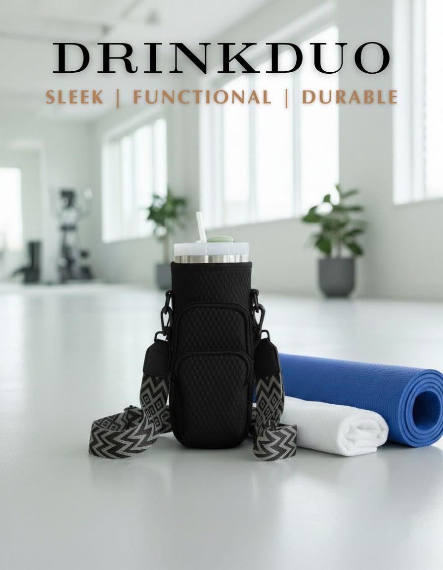 DrinkDuo Universal 40oz Water Bottle Carrier Bag - 3D Embossed Neoprene Insulated Sleeve with Phone Pocket, Adjustable Crossbody Shoulder Strap & Hand Strap - Fits Hydro Flask, Stanley & More