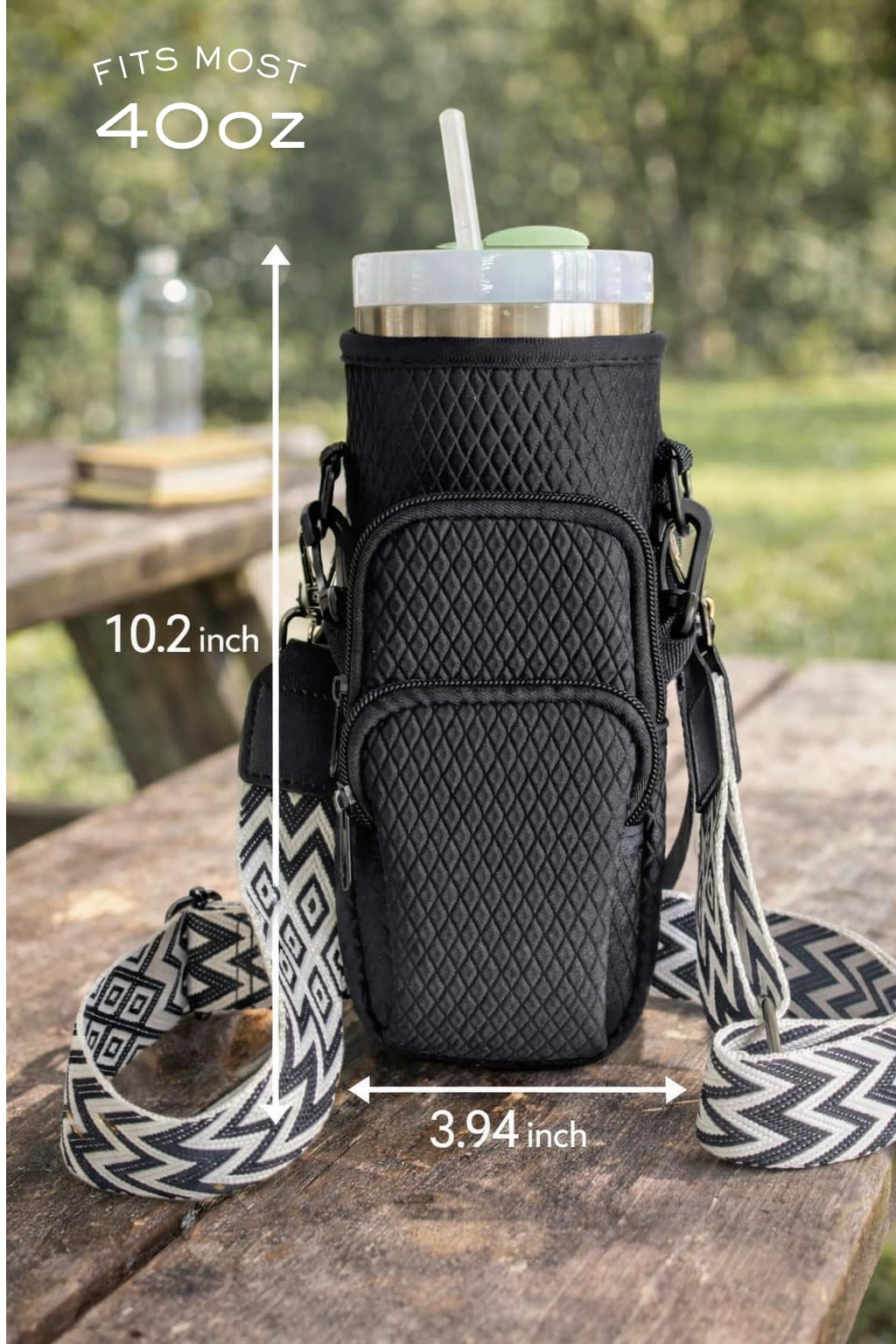 DrinkDuo Universal 40oz Water Bottle Carrier Bag - 3D Embossed Neoprene Insulated Sleeve with Phone Pocket, Adjustable Crossbody Shoulder Strap & Hand Strap - Fits Hydro Flask, Stanley & More