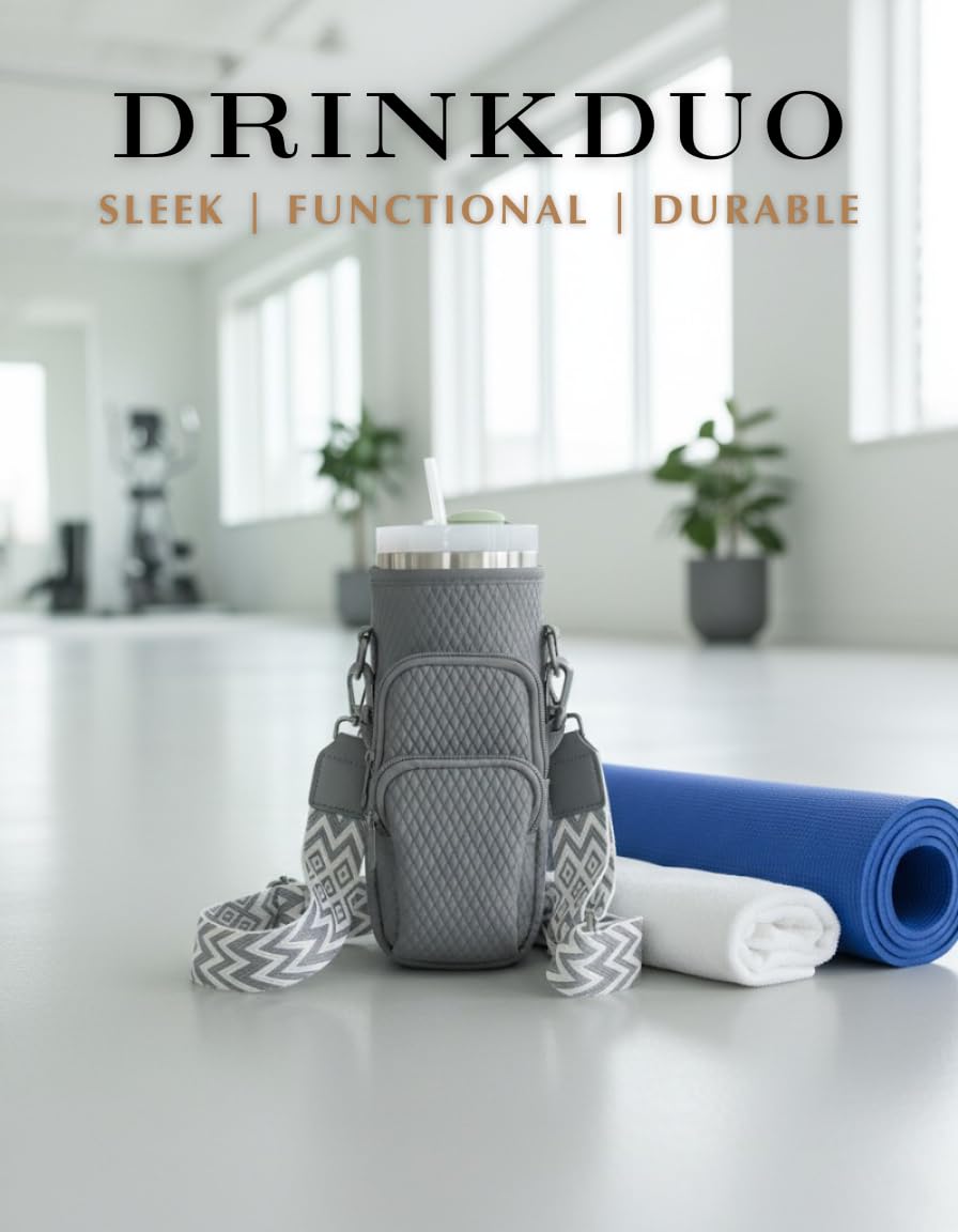 DrinkDuo Universal 40oz Water Bottle Carrier Bag - 3D Embossed Neoprene Insulated Sleeve with Phone Pocket, Adjustable Crossbody Shoulder Strap & Hand Strap - Fits Hydro Flask, Stanley & More