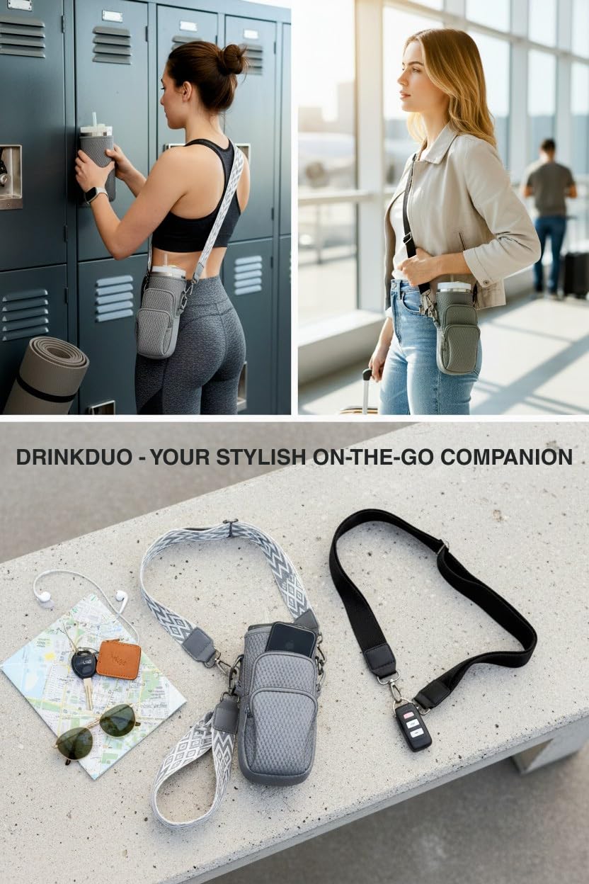 DrinkDuo Universal 40oz Water Bottle Carrier Bag - 3D Embossed Neoprene Insulated Sleeve with Phone Pocket, Adjustable Crossbody Shoulder Strap & Hand Strap - Fits Hydro Flask, Stanley & More