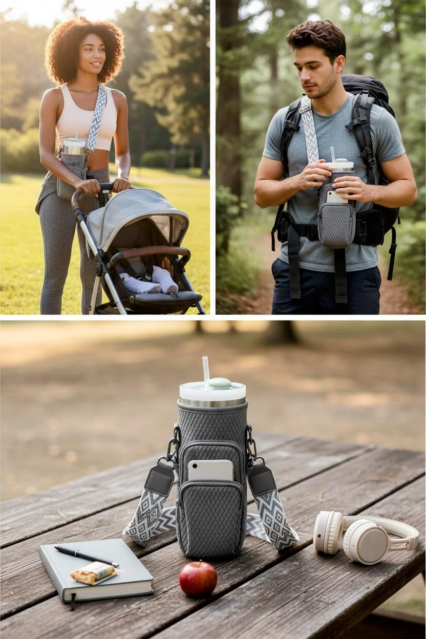 DrinkDuo Universal 40oz Water Bottle Carrier Bag - 3D Embossed Neoprene Insulated Sleeve with Phone Pocket, Adjustable Crossbody Shoulder Strap & Hand Strap - Fits Hydro Flask, Stanley & More
