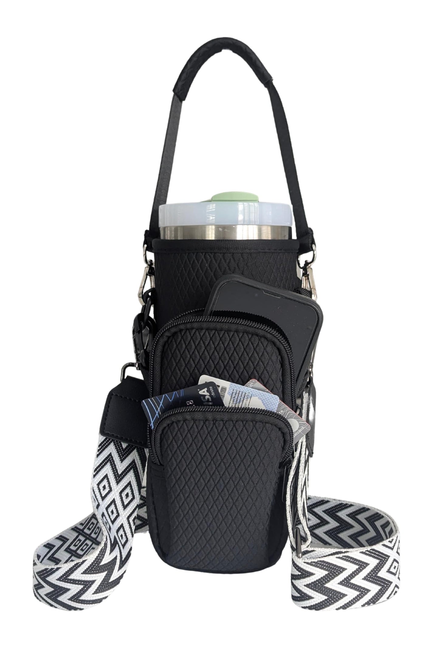 DrinkDuo Universal 40oz Water Bottle Carrier Bag - 3D Embossed Neoprene Insulated Sleeve with Phone Pocket, Adjustable Crossbody Shoulder Strap & Hand Strap - Fits Hydro Flask, Stanley & More