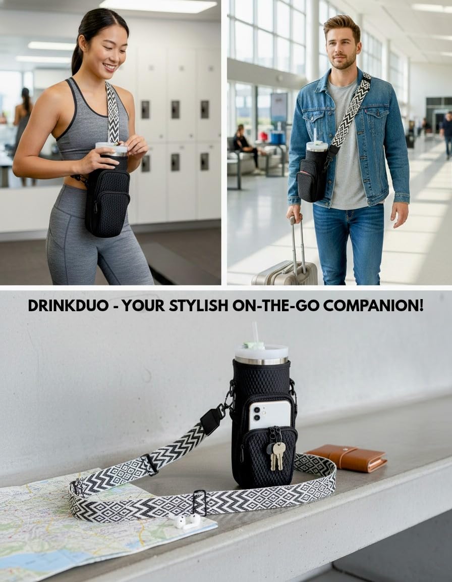 DrinkDuo Universal 40oz Water Bottle Carrier Bag - 3D Embossed Neoprene Insulated Sleeve with Phone Pocket, Adjustable Crossbody Shoulder Strap & Hand Strap - Fits Hydro Flask, Stanley & More
